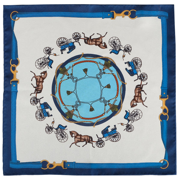 Horse Carriage Pattern Silk Pocket Square - Navy Blue - Brunati Como