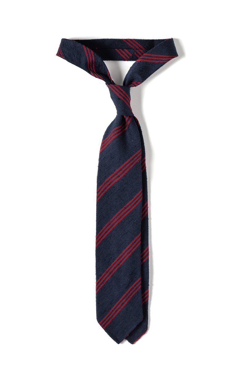 Handrolled Silk Striped Shantung Tie - Navy/Red - Brunati Como