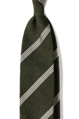 Green and white grenadine shantung silk tie, shown from the front.