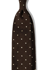 Brown polka dot shantung silk tie, shown from the front.