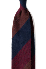 Bordeaux, navy and brown striped grenadine shantung silk tie, shown from the front.
