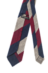Back view of the burgundy, navy and beige striped grenadine shantung silk tie with hand-rolled edges.