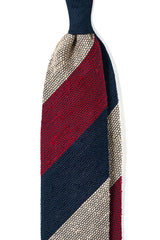 Burgundy, navy and beige striped grenadine shantung silk tie, shown from the front.