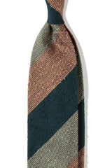 Green, beige and mustard striped grenadine shantung silk tie, shown from the front.