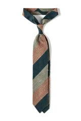 Green, beige and mustard striped grenadine shantung silk tie, tied in a knot.