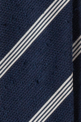 Close-up of the grenadine shantung silk texture with navy and white stripes.