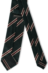 Back view of the forest, beige and burgundy striped silk shantung tie with hand-rolled edges.