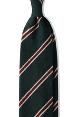 Forest, beige and burgundy striped silk shantung tie, shown from the front.