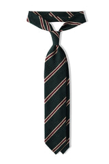 Forest, beige and burgundy striped silk shantung tie, tied in a knot.