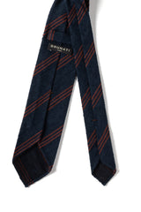 Back view of the navy and brown striped silk shantung tie with hand-rolled edges.