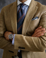 Model wearing the navy and brown striped silk shantung tie.
